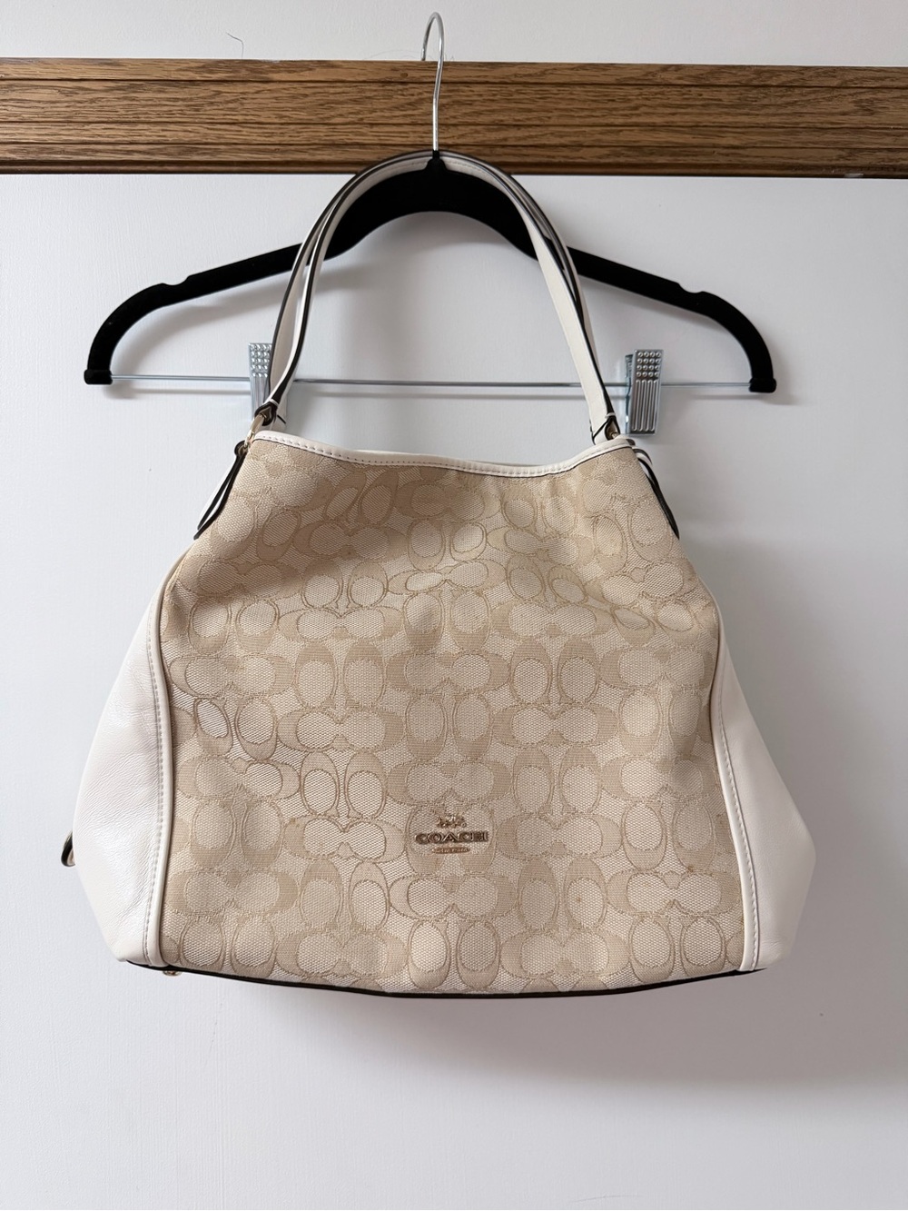 Coach Beige Signature Canvas Shoulder Bag with White Leather Trim